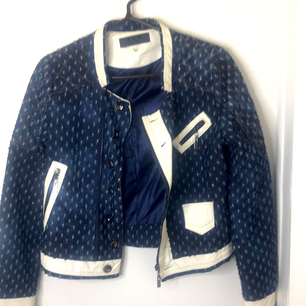 Denim jacket with faux leather trim